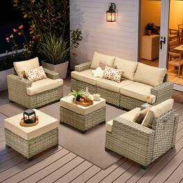 Ovios - 7 PCS Outdoor Patio Furniture High Back Rattan Sofa Set with Armchairs & Ottoman for Garden - Beige