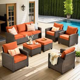 Ovios - 7 PCS Patio Furniture, 3 Seat Wicker Sofa with Comfy Armchairs and Ottomans for Garden - Orange Red