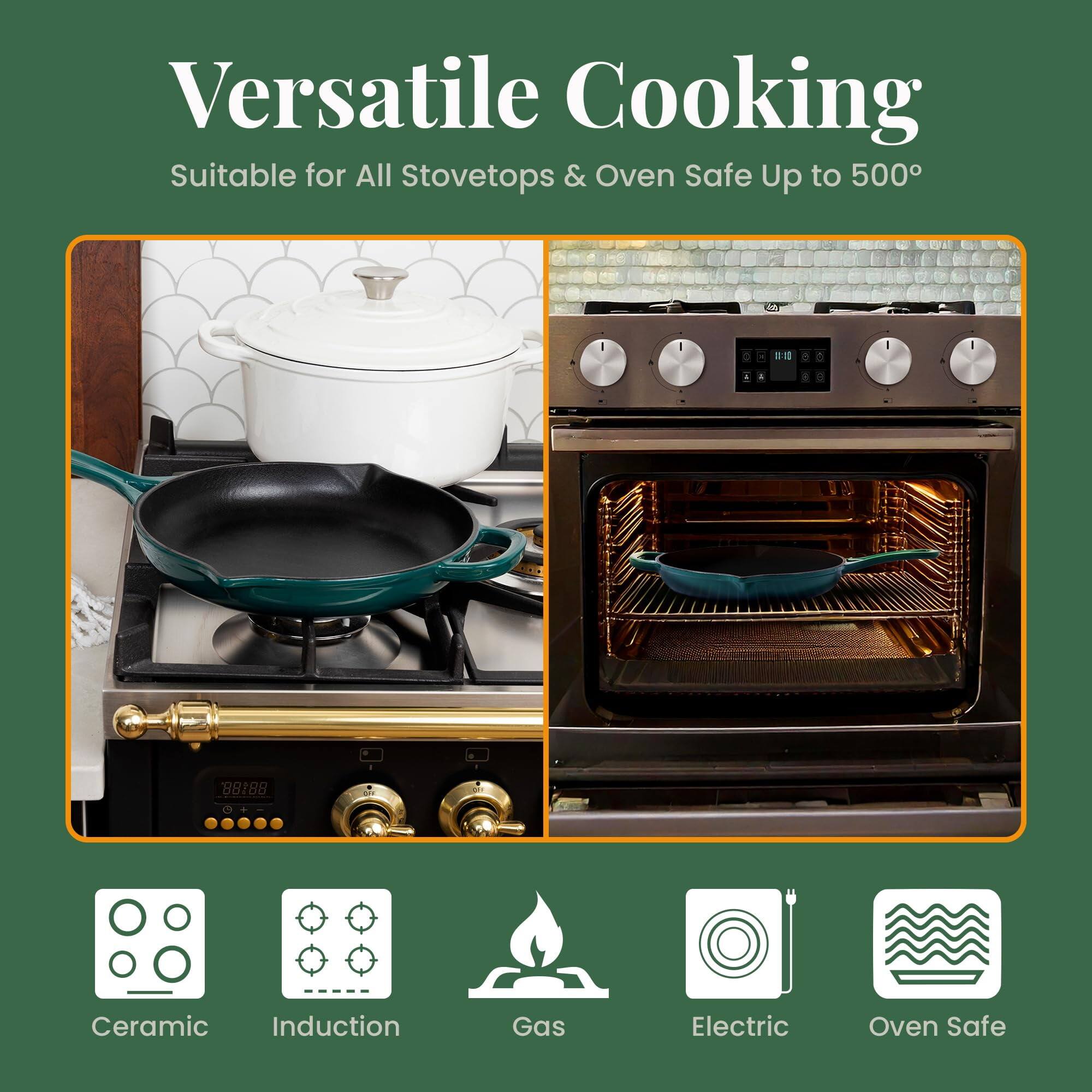 Versatile Cooking  
Suitable for All Stovetops & Oven Safe Up to 500°

Ceramic  
Induction  
Gas  
Electric  
Oven Safe