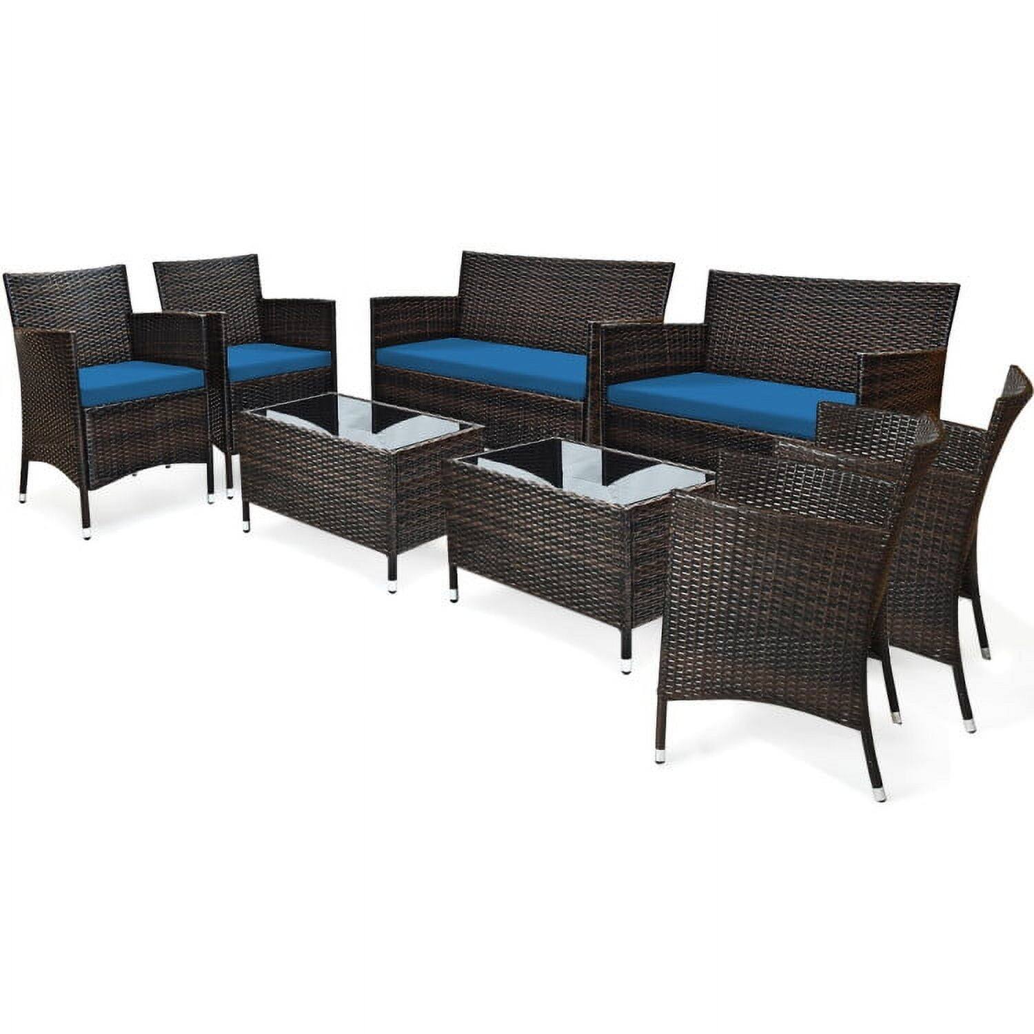 Alt View 6. Pefilos - 4 Pieces Padded Outdoor Rattan Sofa Set, Wicker Furniture Sets, Patio Conversation Sets with Glass Coffee Table - Blue.