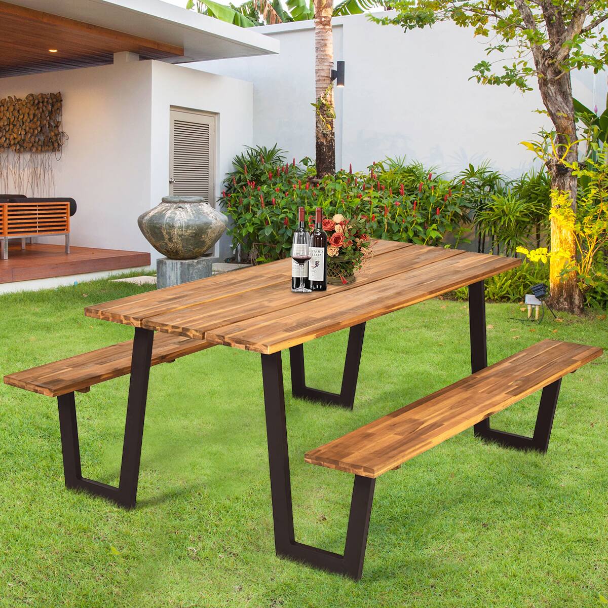 Alt View 1. Costway - Costway Patented Picnic Table with 2 Benches 70" Dining Table Set with Seats and Umbrella Hole - Natural.