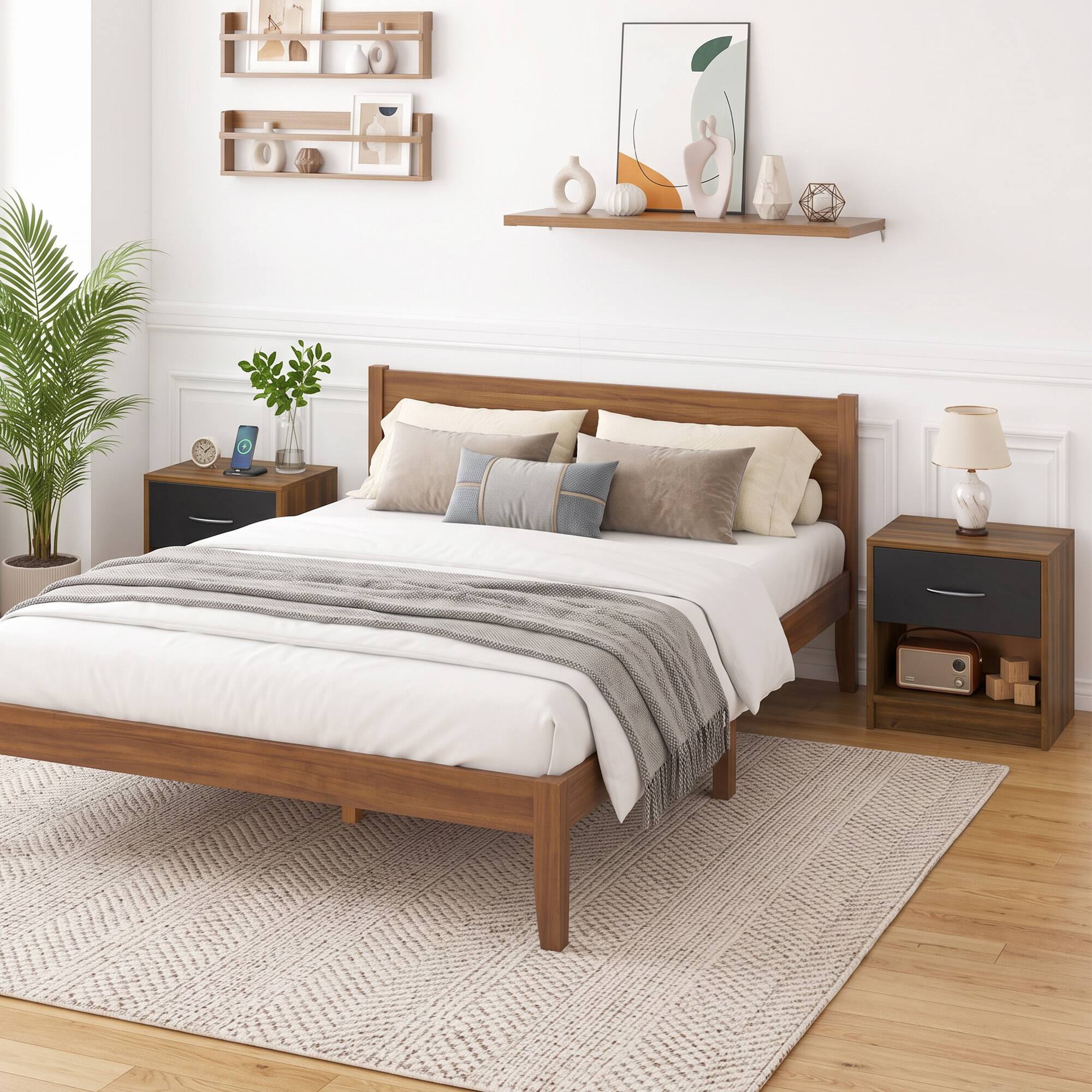 Alt View 3. WELLFOR - Nightstand with Drawer and Open Storage Shelf - Brown.