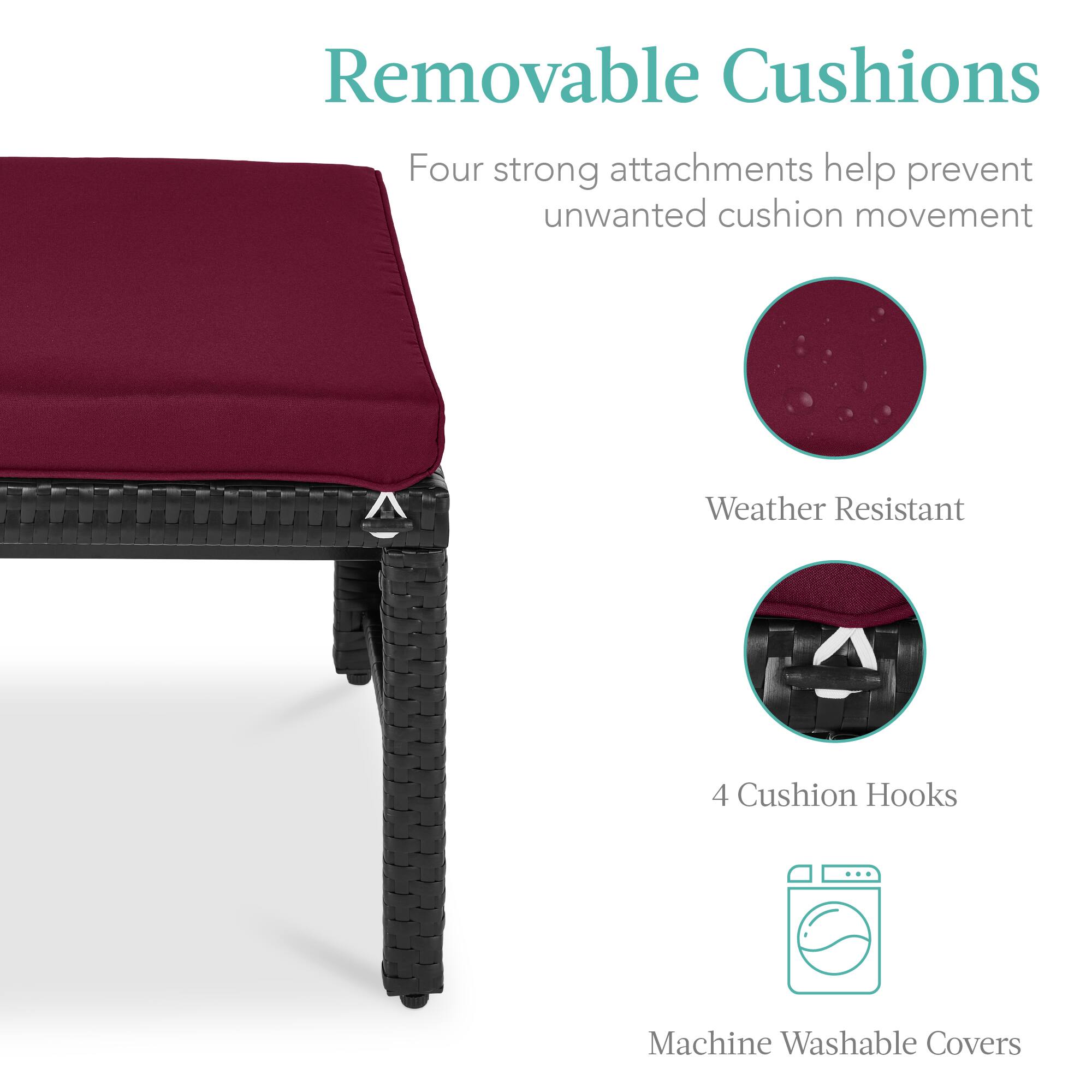 Removable Cushions

Four strong attachments help prevent unwanted cushion movement

Weather Resistant

4 Cushion Hooks

Machine Washable Covers
