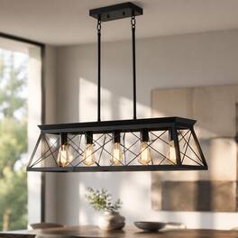 RYHNUYNE - 32 in. Industrial 5-Light Pendant Chandelier, Kitchen Island Lighting for Dining Room - Black