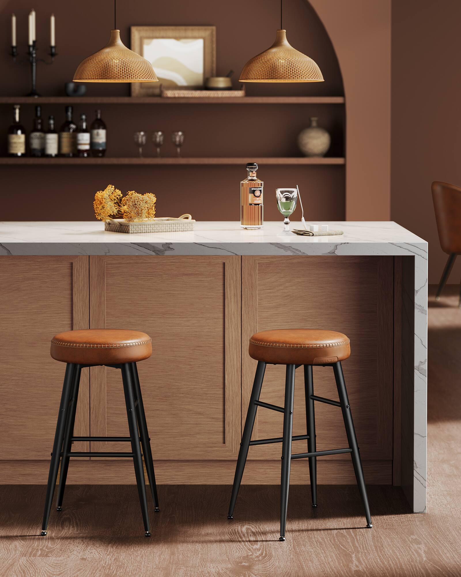 Left. Songmics Home - Bar Stools Set of 2, Counter Height Bar Stools, Kitchen Counter Stools, Mid-Century Modern Backless Counter Stools - Caramel.