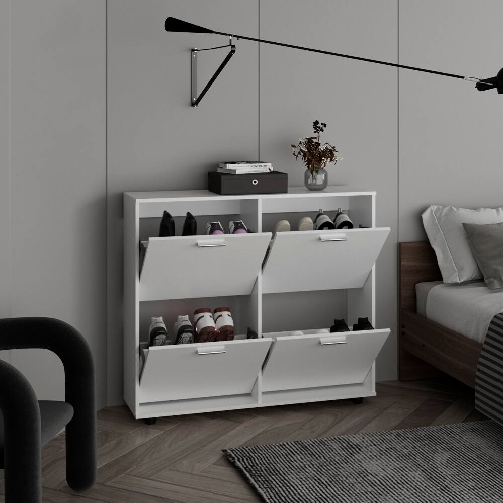 Angle. Loheer - Loheer white 4-door shoe cabinet modern footwear storage with flat top - White.