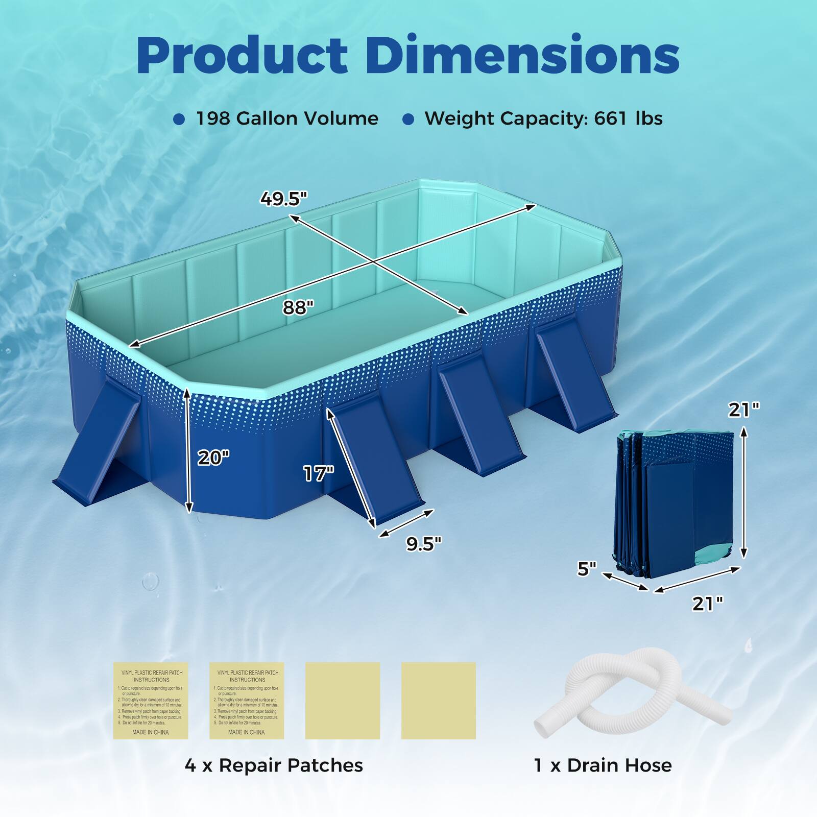 Product Dimensions  
198 Gallon Volume  
Weight Capacity: 661 lbs  

49.5"  
88"  
21"  
20"  
17"  
9.5"  
5"  
21"  

INSTRUCTIONS  
1  
-  
-  
-  
-  
-  
-  
-  
-  
-  
-  
-  
-  
-  
-  
-  
-  
-  
-  
-  
-  
-  
-  
-  
-  
-  
-  
-  
-  
-  
-  
-  
-  
-  
-  
-  
-  
-  
-  
-  
-  
-  
-  
-  
-  
-  
-  
-  
-  
-  
-  
-  
-  
-  
-  
-  
-  
-  
-  
-  
-  
-  
-  
-  
-  
-  
-  
-  
-  
-  
-  
-  
-  
-  
-  
-  
-  
-  
-  
-  
-  
-  
-  
-  
-  
-  
-  
-  
-  
-  
-  
-  
-  
-  
-  
-  
-  
-  
-  
-  
