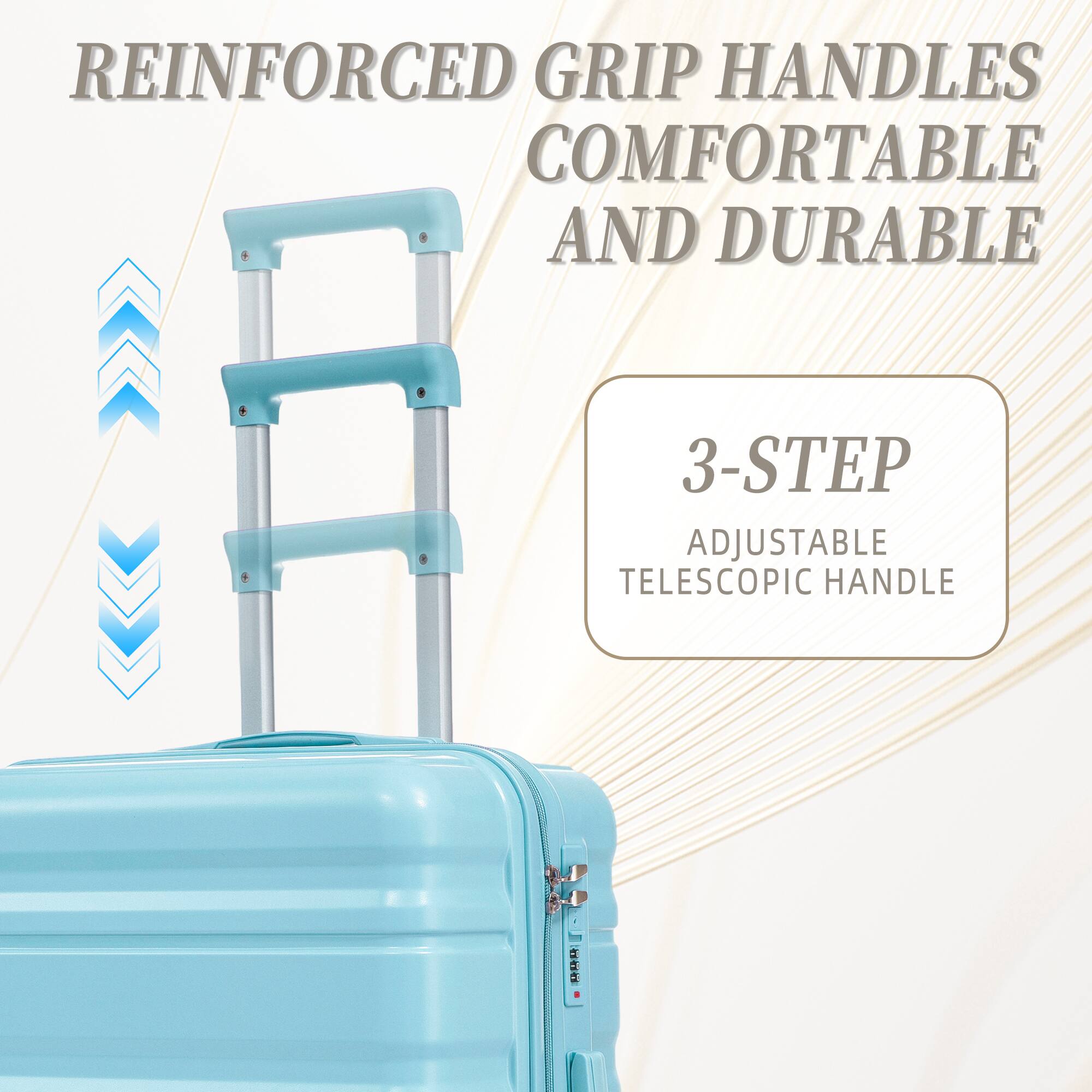 REINFORCED GRIP HANDLES COMFORTABLE AND DURABLE  
3-STEP ADJUSTABLE TELESCOPIC HANDLE