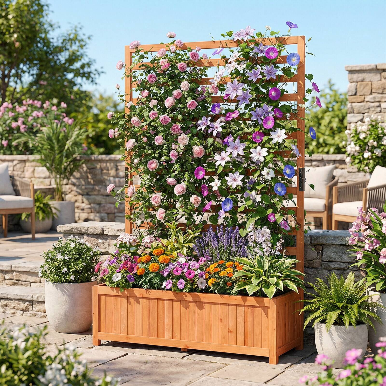 Alt View 3. Gymax - Gymax Wooden Raised Garden Bed w/ Vertical Trellis Liner Drainage - Orange.