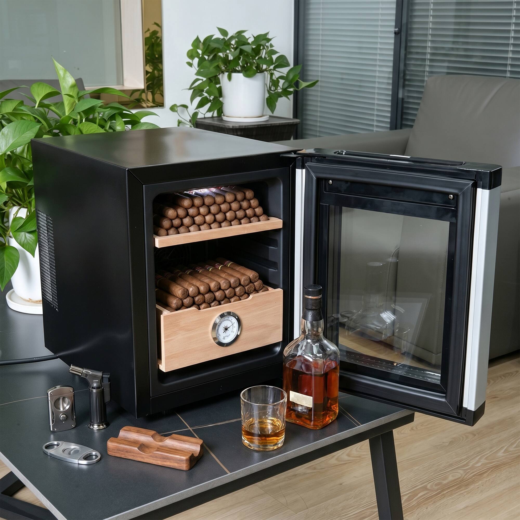 Angle. KingChii - 8L Cigar Humidor Storage Cabinet with Temperature Control, Spanish Cedar Shelves and Hygrometer(80 Capacity) - Black & Silver.