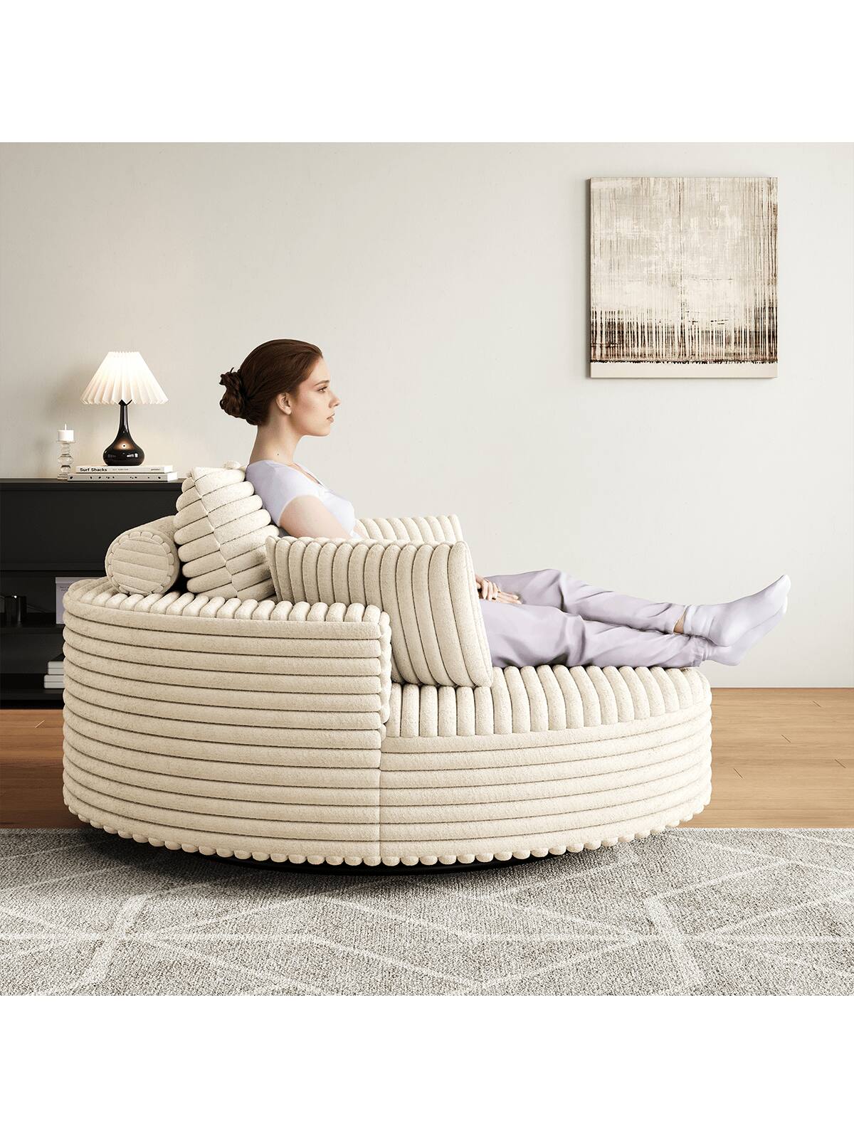 Left. Trinkets Crazed - 55" L Oversized Swivel Chair, Upholstered Corduroy Comfy Accent Chaise Lounge Sofa Chair - Beige.