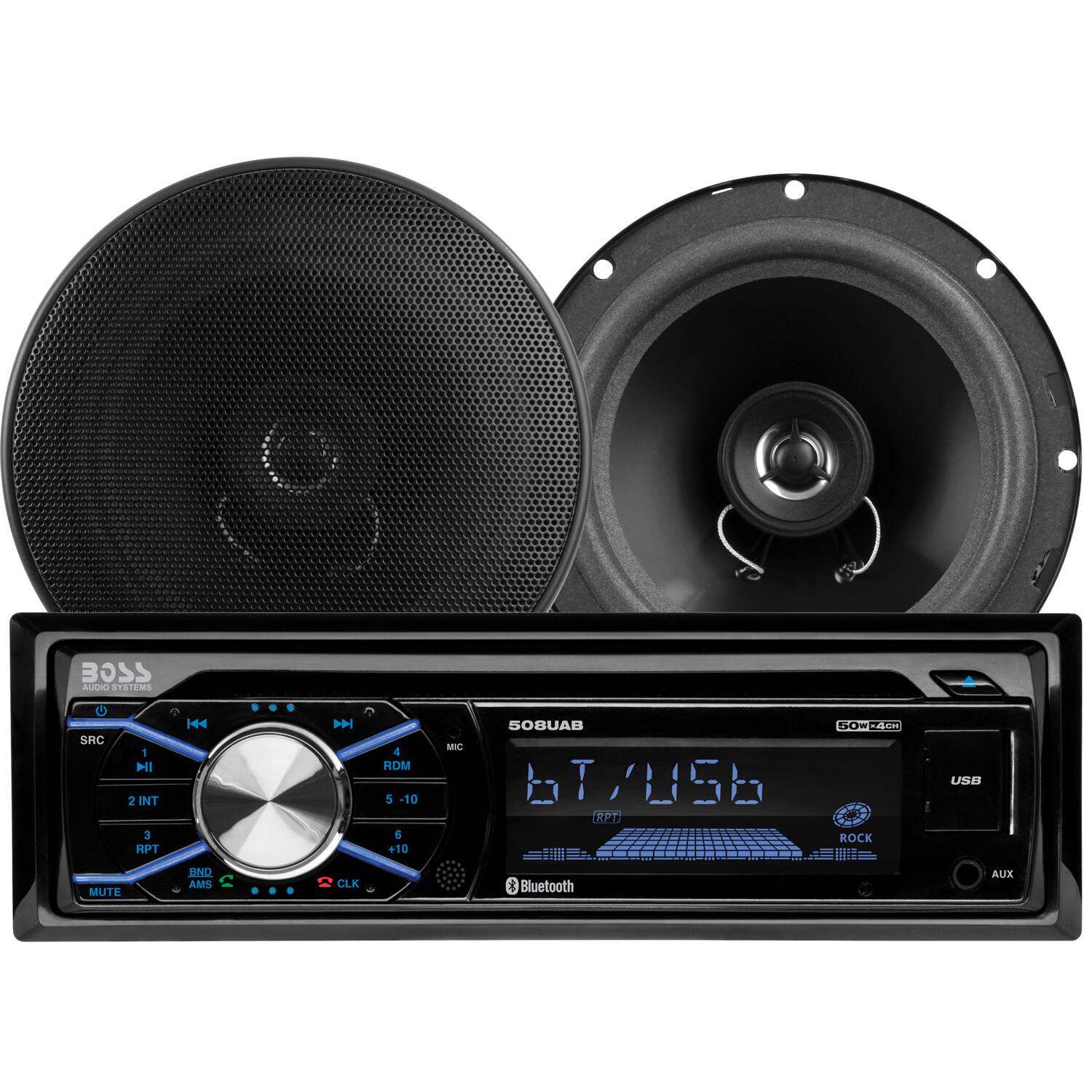 BOSS AUDIO SYSTEMS
SRC - HIL 2 INT 3 PT 4 4 RDM 5 -10 a +10 SOBUAB GOWEA 0m MIC T/USB OT ROCK USB MUTE UND AMI CLK Bluetooth AUX