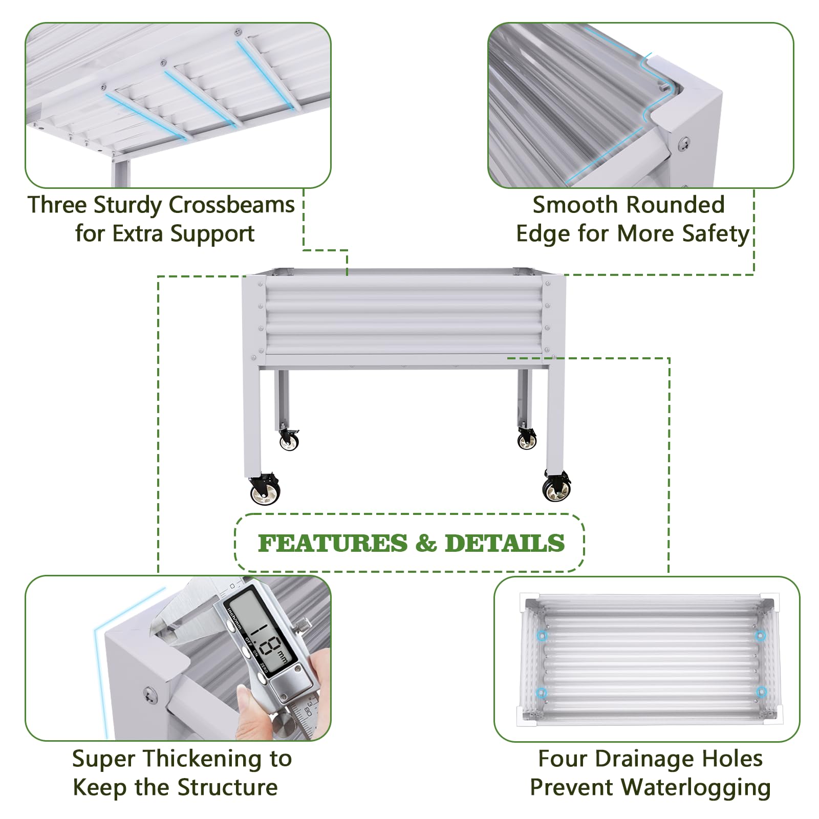 Three Sturdy Crossbeams for Extra Support

Smooth Rounded Edge for More Safety

FEATURES & DETAILS

Super Thickening to Keep the Structure

Four Drainage Holes Prevent Waterlogging