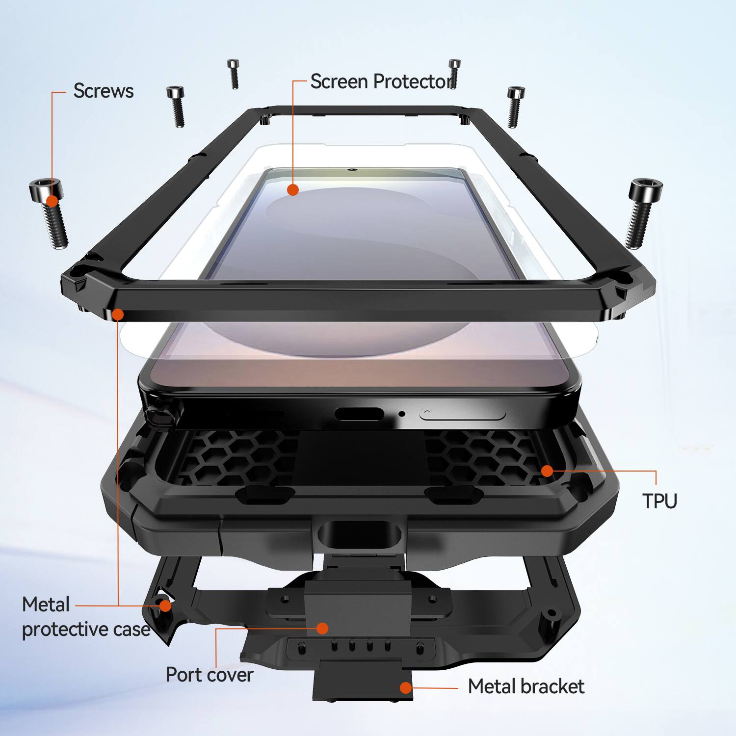 Screws  
Screen Protector  
TPU  
Metal protective case  
Port cover  
Metal bracket