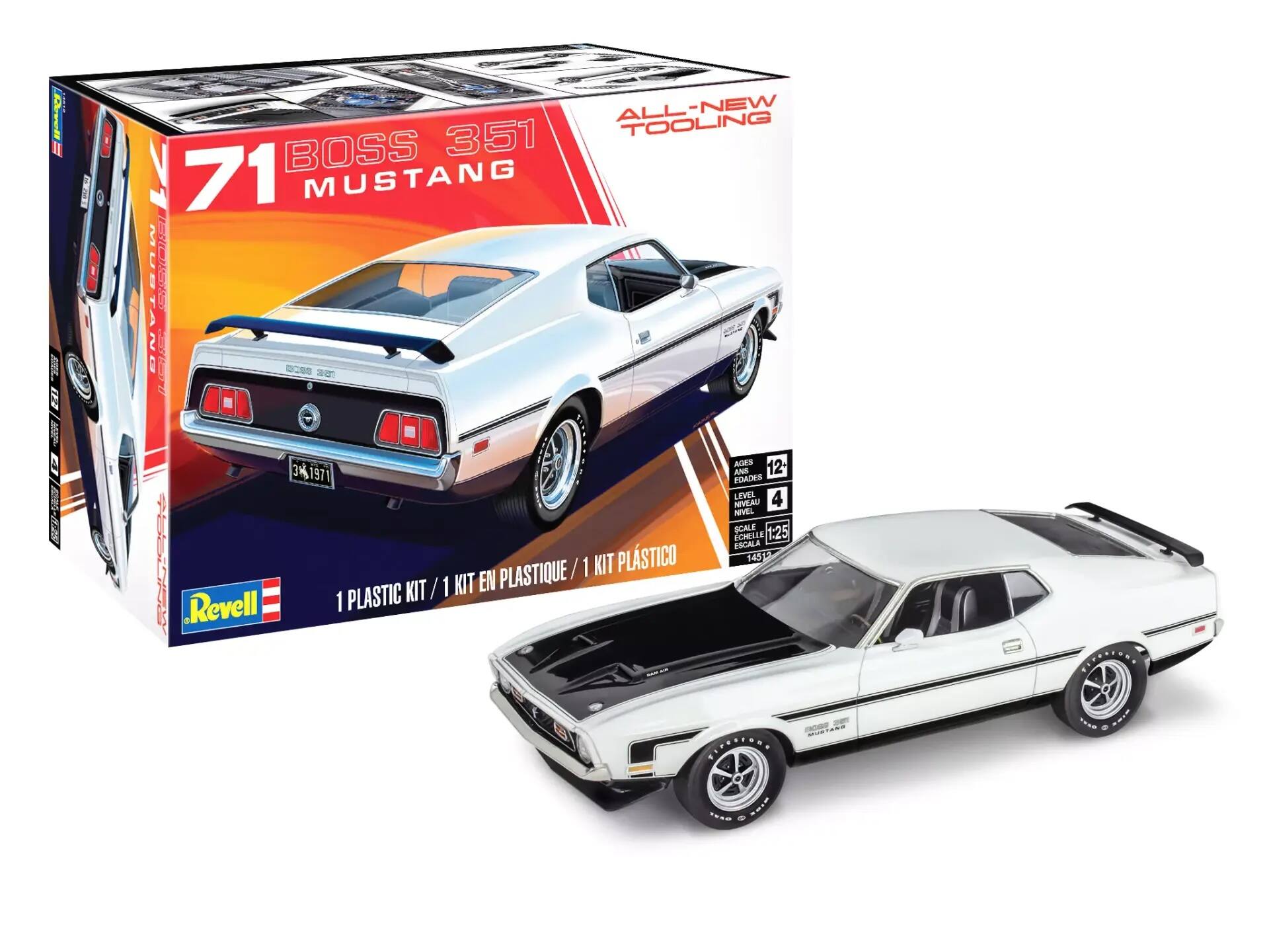71 BOSS 351 MUSTANG  
ALL-NEW TOOLING  
1:25 SCALE  
LEVEL 4  
EDADES 12+  
NIVEAU 12+  
NIVEL 12+  
1 PLASTIC KIT / 1 KIT EN PLASTIQUE / 1 KIT PLÁSTICO  
Revell