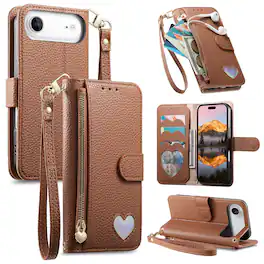 Dteck - PU Leather Wallet Case for Apple iPhone Air with Wrist Strap Zipper Pocket, Shockproof Protective Folio Kickstand Cover - Brown