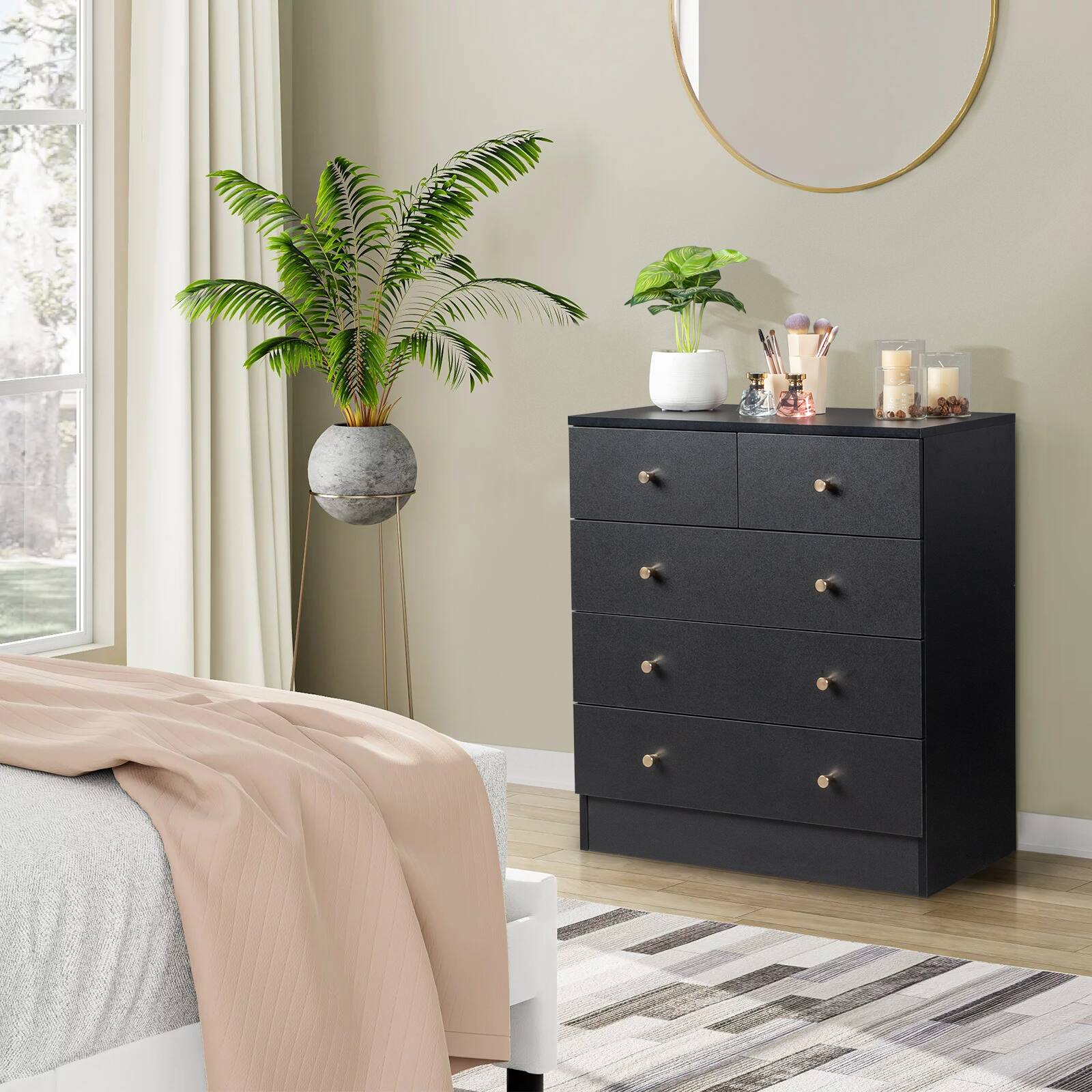 Alt View 7. Kadyn - 5 Drawer Dresser with Gold Handle, Nursery Dresser Chest Of Drawers Organizer - Black.