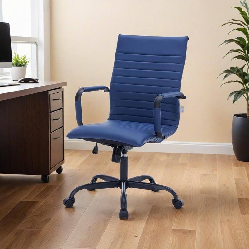 Angle. LeisureMod - Harris Ergonomic High-Back Office Chair Leather Upholstery, Adjustable Swivel, Tilt, and Black Iron Frame - Navy Blue.