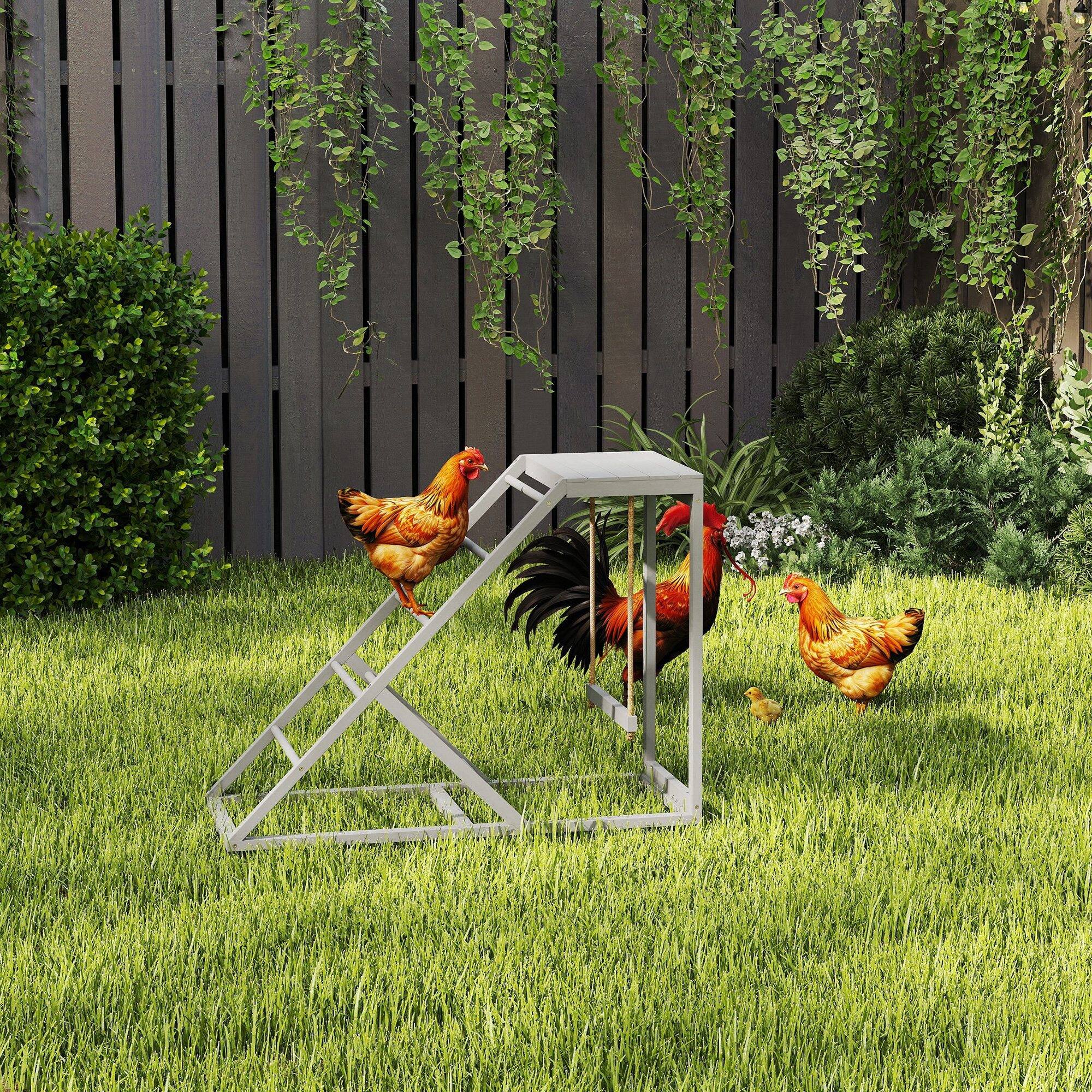 Angle. Pawhut - Chicken Activity Play for Healthy & Happy Animals, Swing Set with Chicken Perches & Hen Ladder, Chicken Coop Toy - Gray.