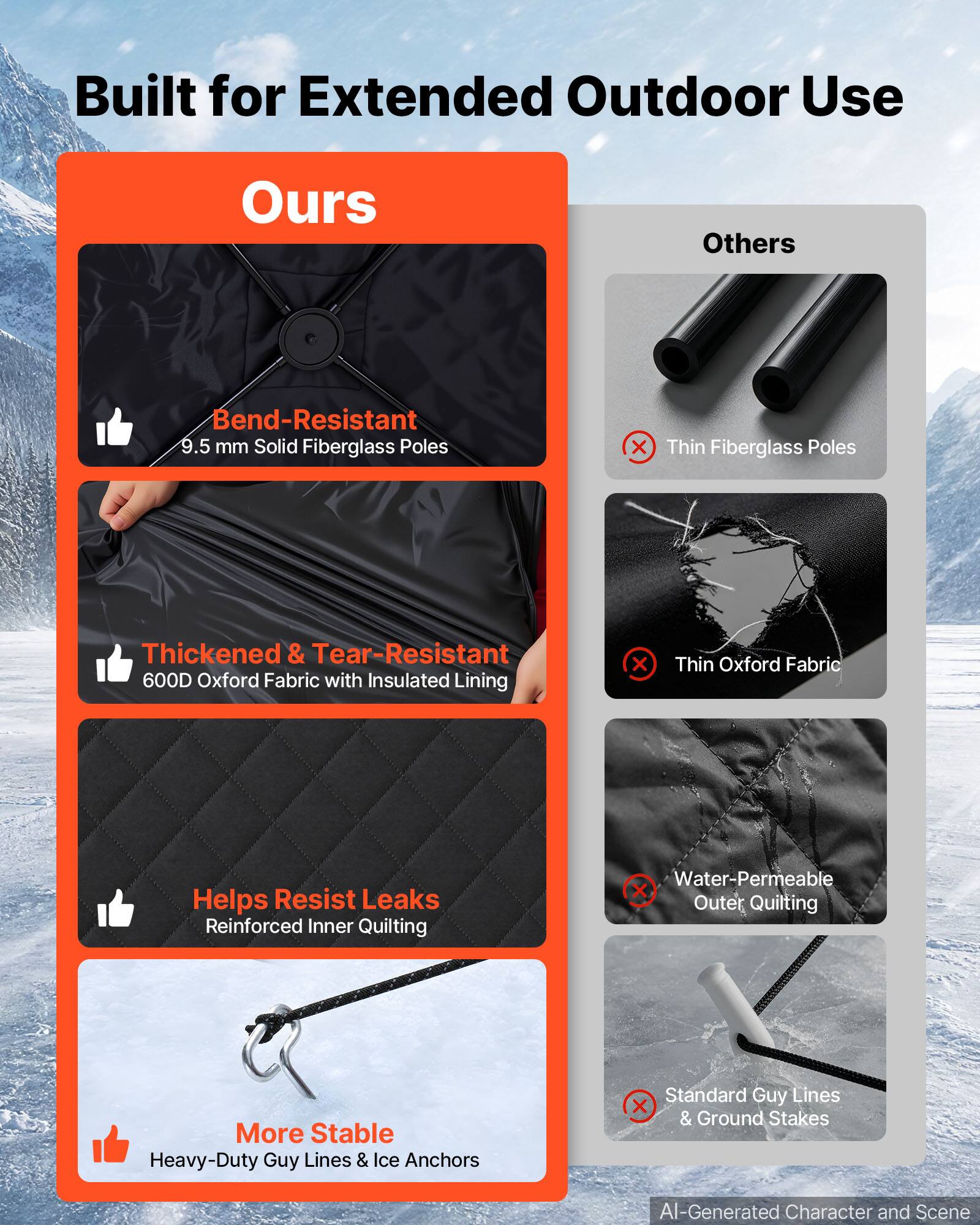 Built for Extended Outdoor Use

Ours
- Bend-Resistant 9.5 mm Solid Fiberglass Poles
- Thickened & Tear-Resistant 600D Oxford Fabric with Insulated Lining
- Helps Resist Leaks Reinforced Inner Quilting
- More Stable Heavy-Duty Guy Lines & Ice Anchors

Others
- Thin Fiberglass Poles
- Thin Oxford Fabric
- Water-Permeable Outer Quilting
- Standard Guy Lines & Ground Stakes

AI-Generated Character and Scene