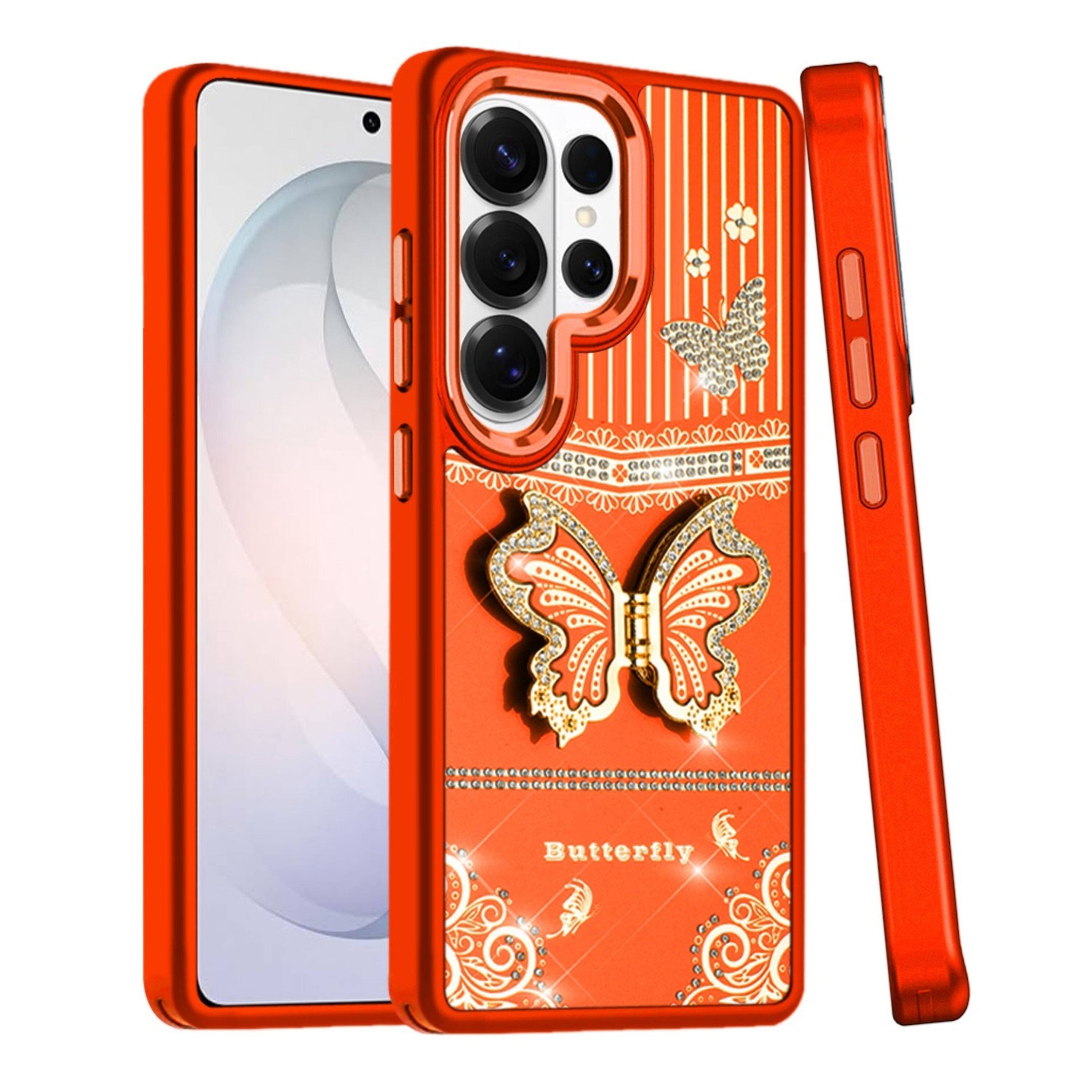 Angle. Kitcheniva - 3D Butterfly Bling Charm Stand Phone Case With Tempered Glass For Samsung Galaxy S26 Ultra Cosmic Orange - Cosmic Orange.