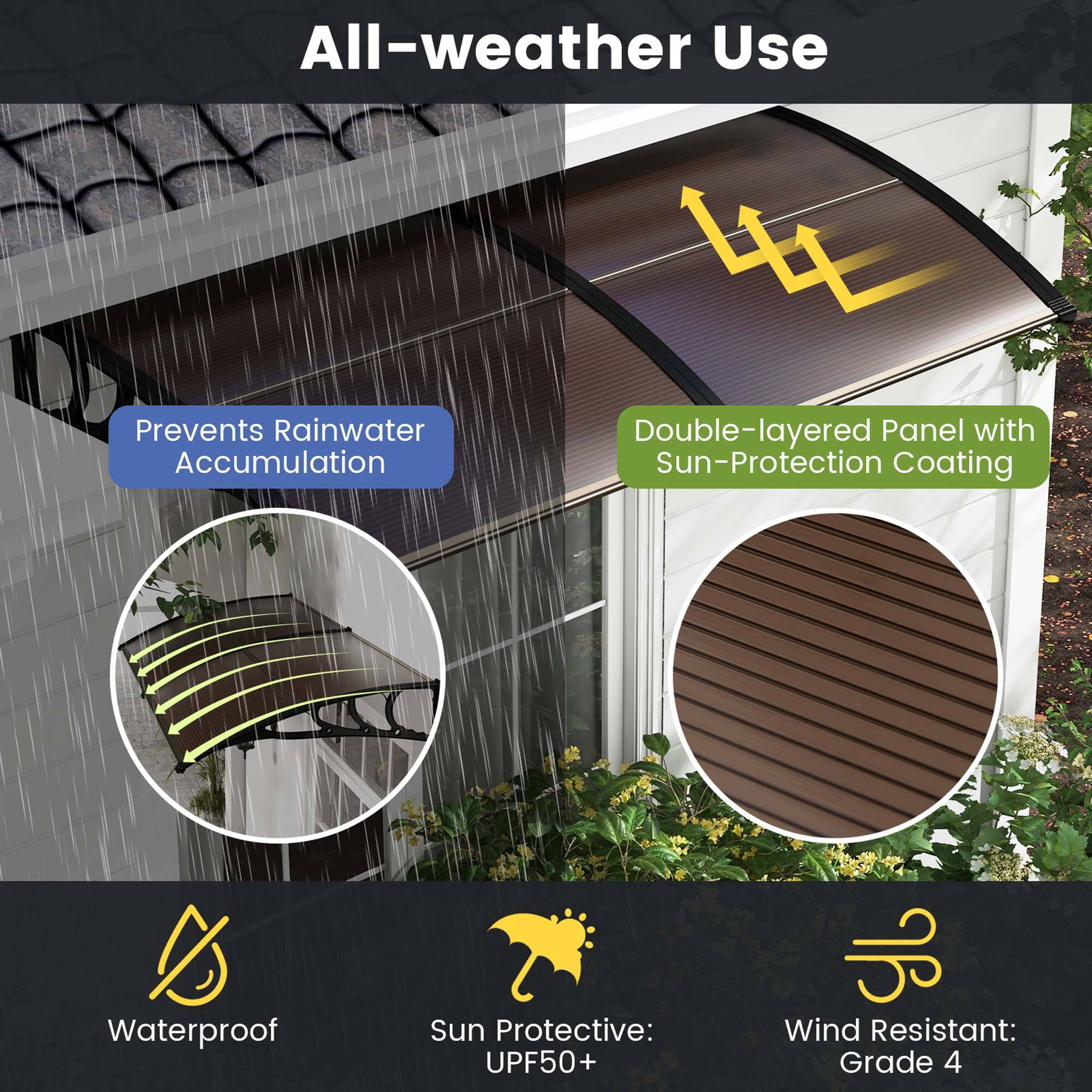 All-weather Use

Prevents Rainwater Accumulation

Double-layered Panel with Sun-Protection Coating

Waterproof

Sun Protective: UPF50+

Wind Resistant: Grade 4