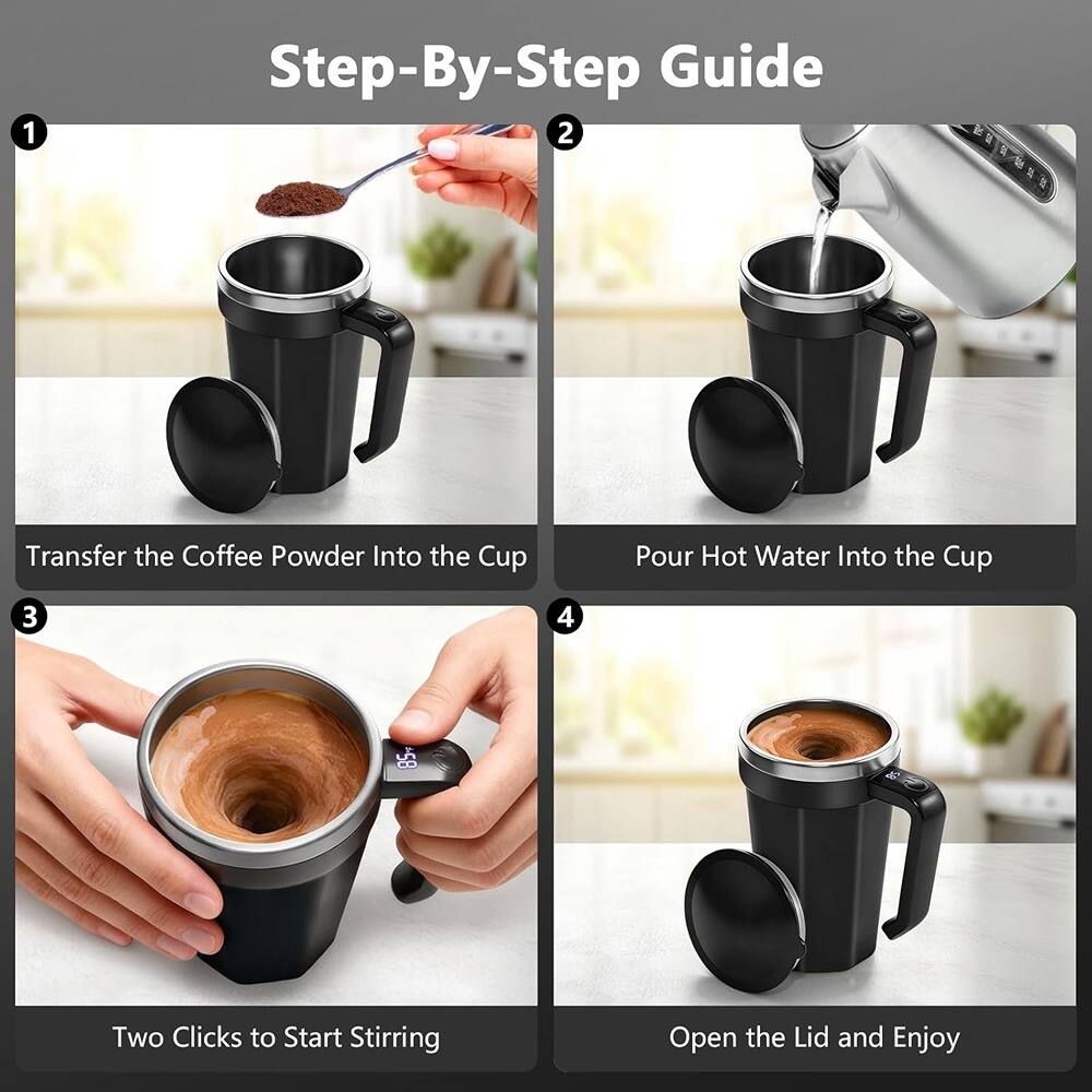Step-By-Step Guide

1. Transfer the Coffee Powder Into the Cup
2. Pour Hot Water Into the Cup
3. Two Clicks to Start Stirring
4. Open the Lid and Enjoy