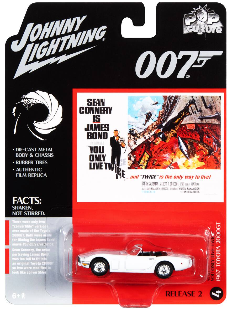 POP Culture JOHNNY LIGHTNING 007™ SEAN CONNERY IS JAMES BOND FLEMING'S DIE-CAST METAL YOU BODY & CHASSIS ONLY RUBBER TIRES LIVE CE AUTHENTIC FILM REPLICA TWICE ..and "TWICE" is the only way to live! HARRY SALTZMAN ALBERT R BROCCOLI E DLE RUALD AE 58k SALTRAN A BROCCOLI BRRY e1 A PANAVISION TECHNICOLOR UNITED ARTISTS FACTS: SHAKEN, NOT STIRRED. There were only two "convertible" versions ever made of the Toyota 2000GT. movie filming You Both the were James Live made Twice. Bond WI 2000GT Only - Sean Connery, the actor portraying James Bond, LIVE TOYOTA was too tall to fit into an original Toyota 2000GT. AINO so two were modified to look like convertibles ES AS YOU 1967 6+* RELEASE 2 4