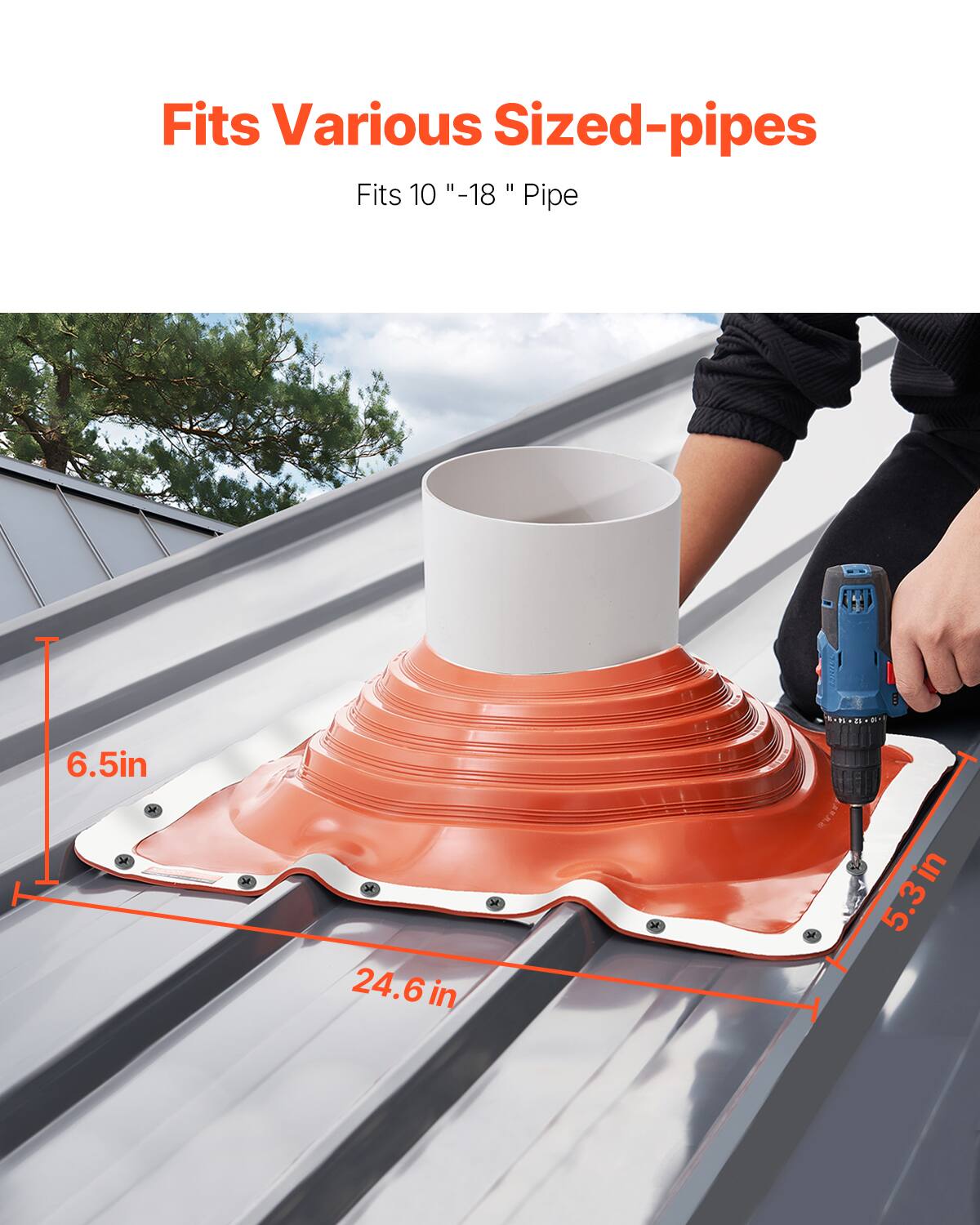 Fits Various Sized-pipes  
Fits 10" -18" Pipe  

6.5in  
24.6in  
5.3in