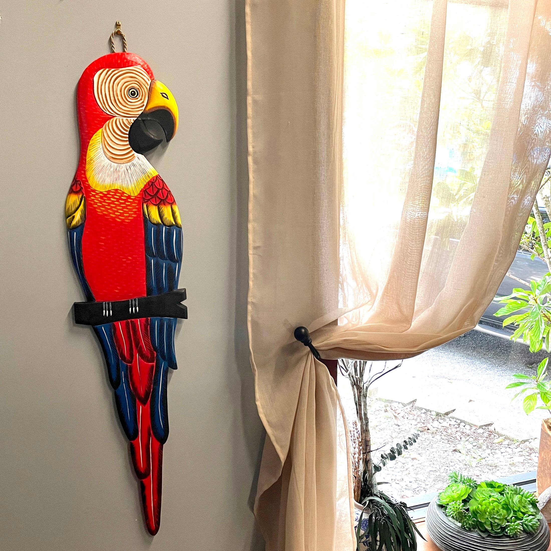 Alt View 4. Chesapeake Bay - Wood Parrot Wall Decor 38" Hand-Carved Macaw Sculpture Tropical Bird Art - Red.