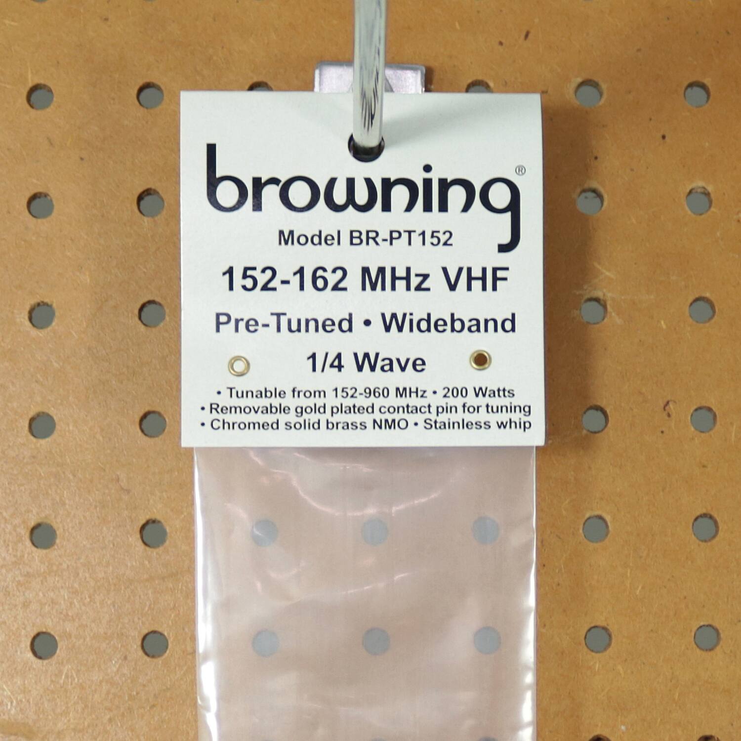 browning Model BR-PT152  
152-162 MHz VHF  
Pre-Tuned • Wideband  
1/4 Wave  

- Tunable from 152-960 MHz • 200 Watts  
- Removable gold plated contact pin for tuning  
- Chromed solid brass NMO • Stainless whip