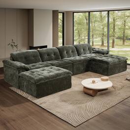 Anysun - Oversized U-Shaped Cloud Modular Sectional Sofa – 4-Seater with 2 Ottomans, Ice Flower Chenille Boneless, Memory Foam - Emerald
