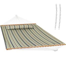 Sunnydaze - Large Quilted Hammock with Spreader Bar and Pillow - Khaki Stripe