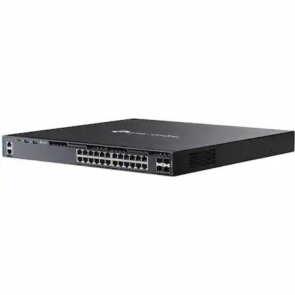 Front. TP-Link - TP-Link Omada 24-Port Gigabit Stackable L3 Managed PoE+ Switch with 4 10G Slots - 25 Ports - Gigabit Ethernet, 10 - Black.
