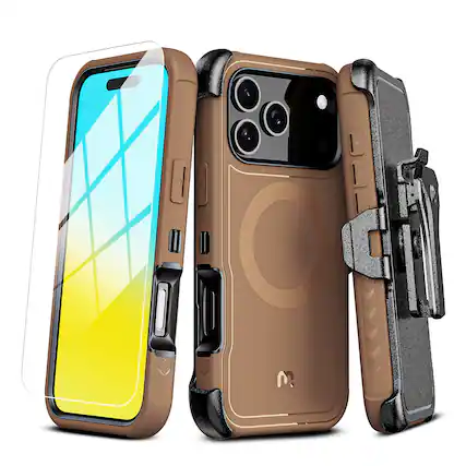 Front. Mybat Pro - MyBat Pro Maverick Series MagSafe Case w/ Holster and Tempered Glass for Apple iPhone 17 Pro - Brown - Brown.