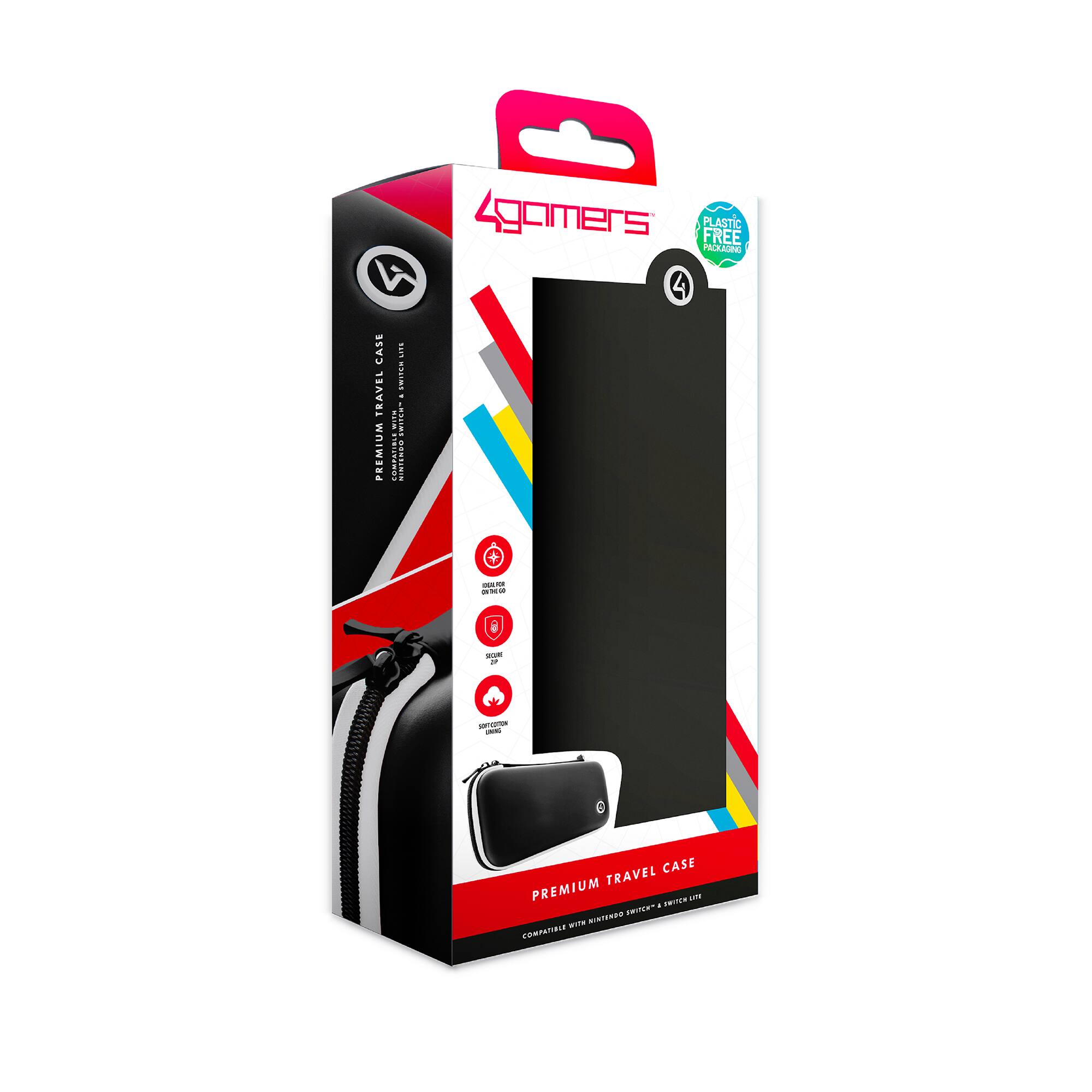 4Gamers  
PLASTIC FREE PACKAGING  

PREMIUM TRAVEL CASE  
COMPACT & LIGHTWEIGHT  

- COMPACT & LIGHTWEIGHT  
- SECURE  
- DURABLE  
- WATERPROOF  

PREMIUM TRAVEL CASE  
COMPATIBLE WITH INTERWOVEN SWITCH & DEVICE LIST