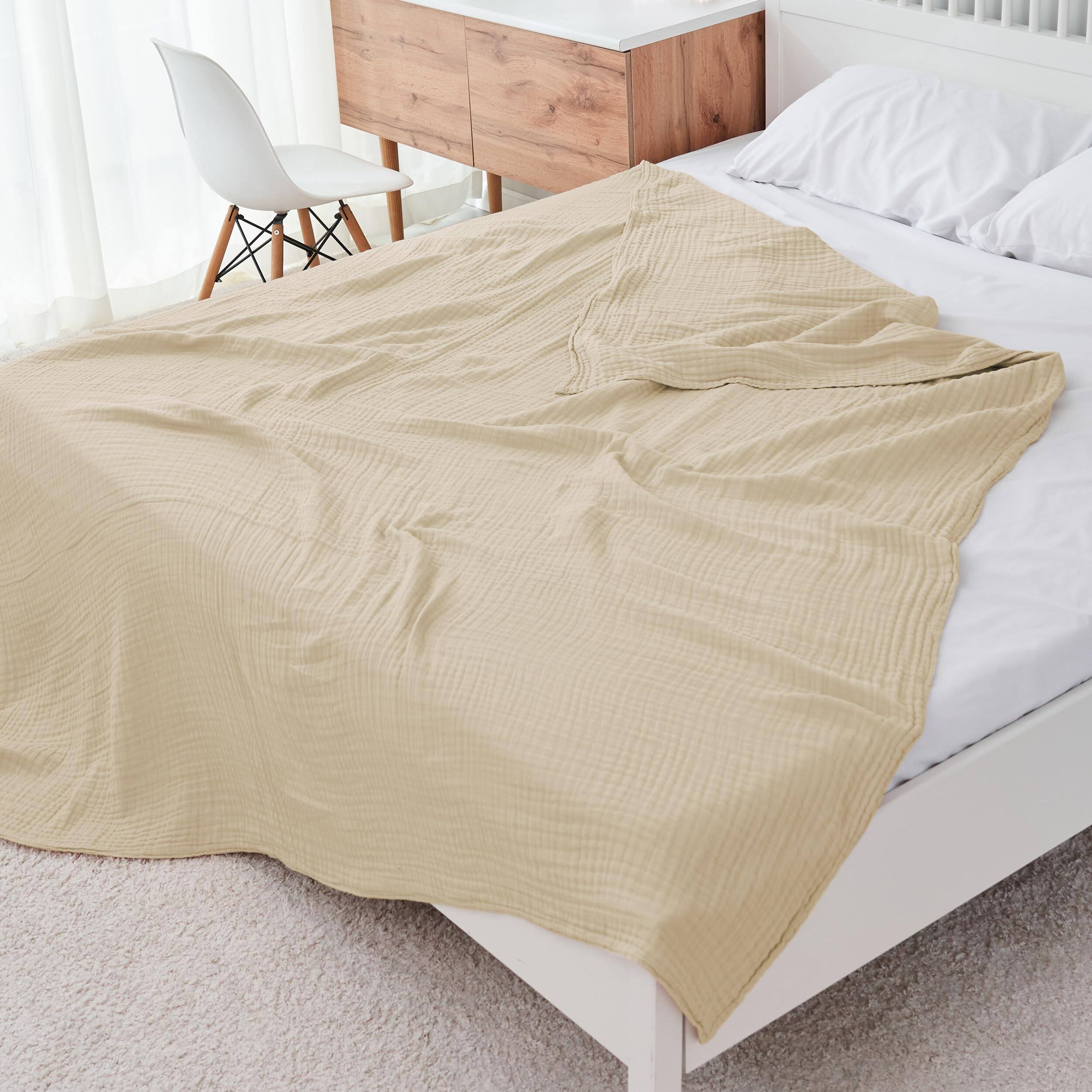 Alt View 3. Fabibe - 4 Layer Muslin Bed Blanket - Breathable And Lightweight Gauze Boho For Spring Soft Cotton Light Tan 55x80 Inches - Green-6 Layer - 55x80in.