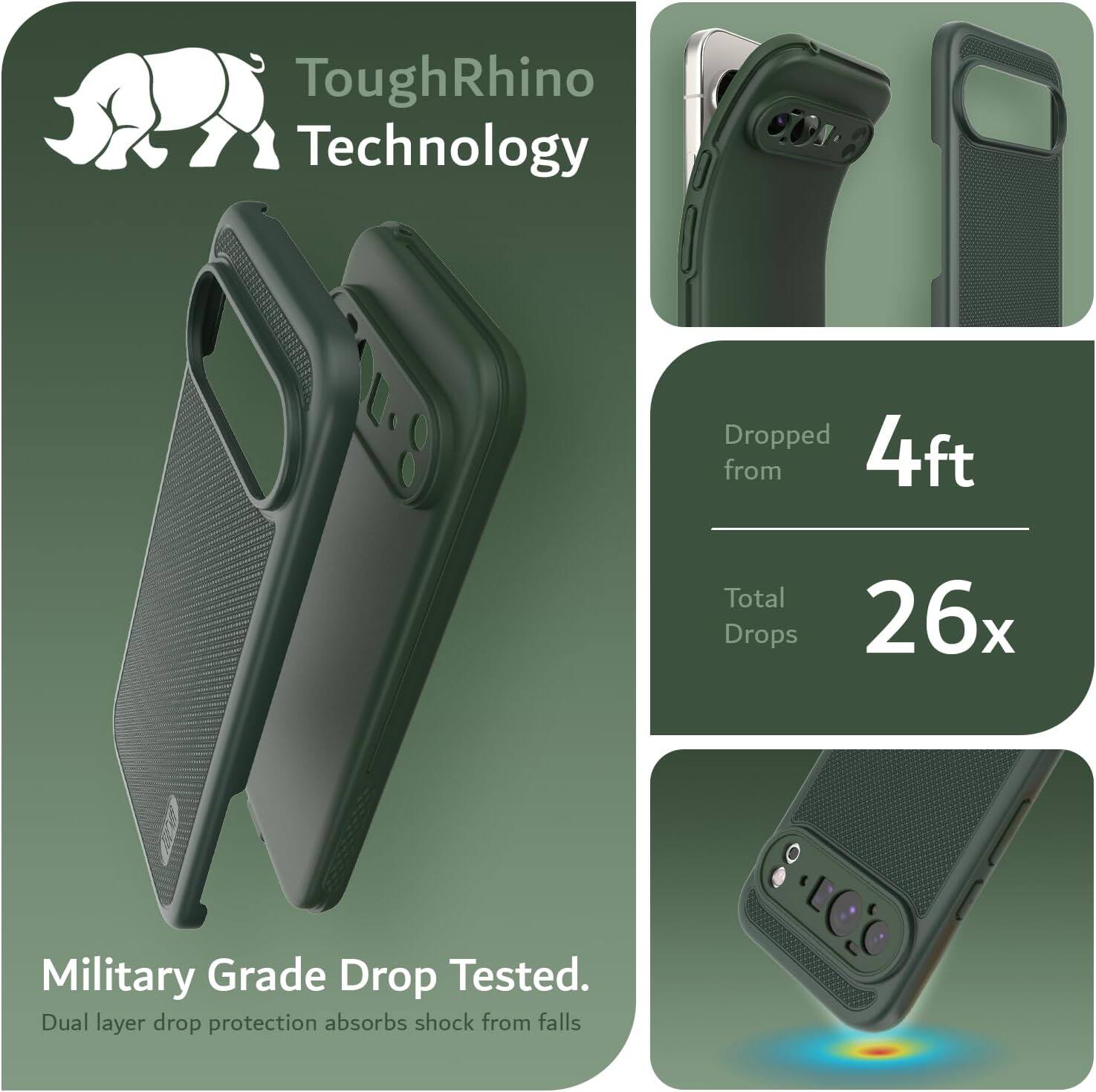 ToughRhino Technology

Dropped from 4ft

Total Drops 26x

Military Grade Drop Tested.
Dual layer drop protection absorbs shock from falls