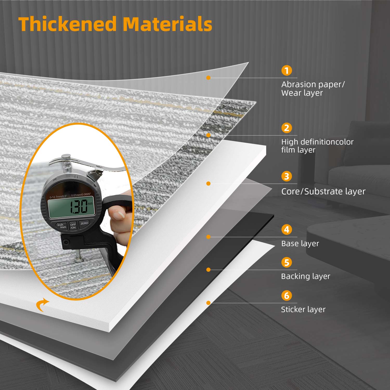 Thickened Materials

1. Abrasion paper/ Wear layer
2. High definition color film layer
3. Core/ Substrate layer
4. Base layer
5. Backing layer
6. Sticker layer

Thickness: 1.30 mm