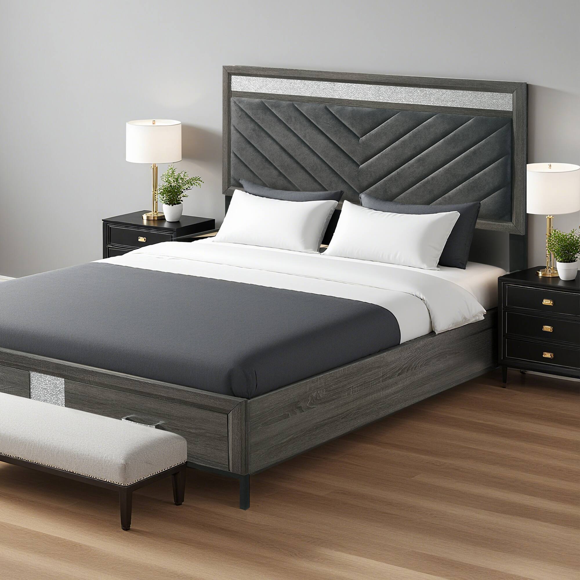 Left. Vaczon - Storage Bed with Hidden Footboard Drawers, Padded Headboard & Crystal Handles for Organized, Cozy Bedrooms - Gray.