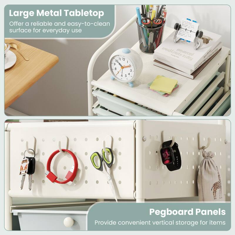 Large Metal Tabletop  
Offer a reliable and easy-to-clean surface for everyday use  

Pegboard Panels  
Provide convenient vertical storage for items