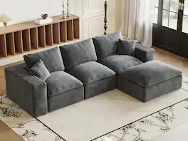 Trinkets Crazed - 108" Plush Corduroy L Shaped Sectional Cloud Sofa Couch with Ottoman, Soft Deep Seat Modular Sectional Couche - Gray