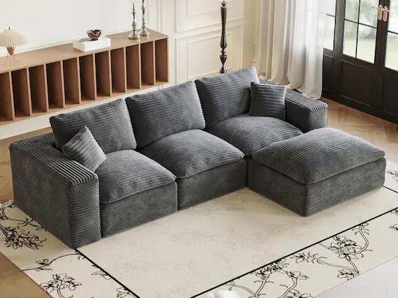 Front. Trinkets Crazed - 108" Plush Corduroy L Shaped Sectional Cloud Sofa Couch with Ottoman, Soft Deep Seat Modular Sectional Couche - gray.