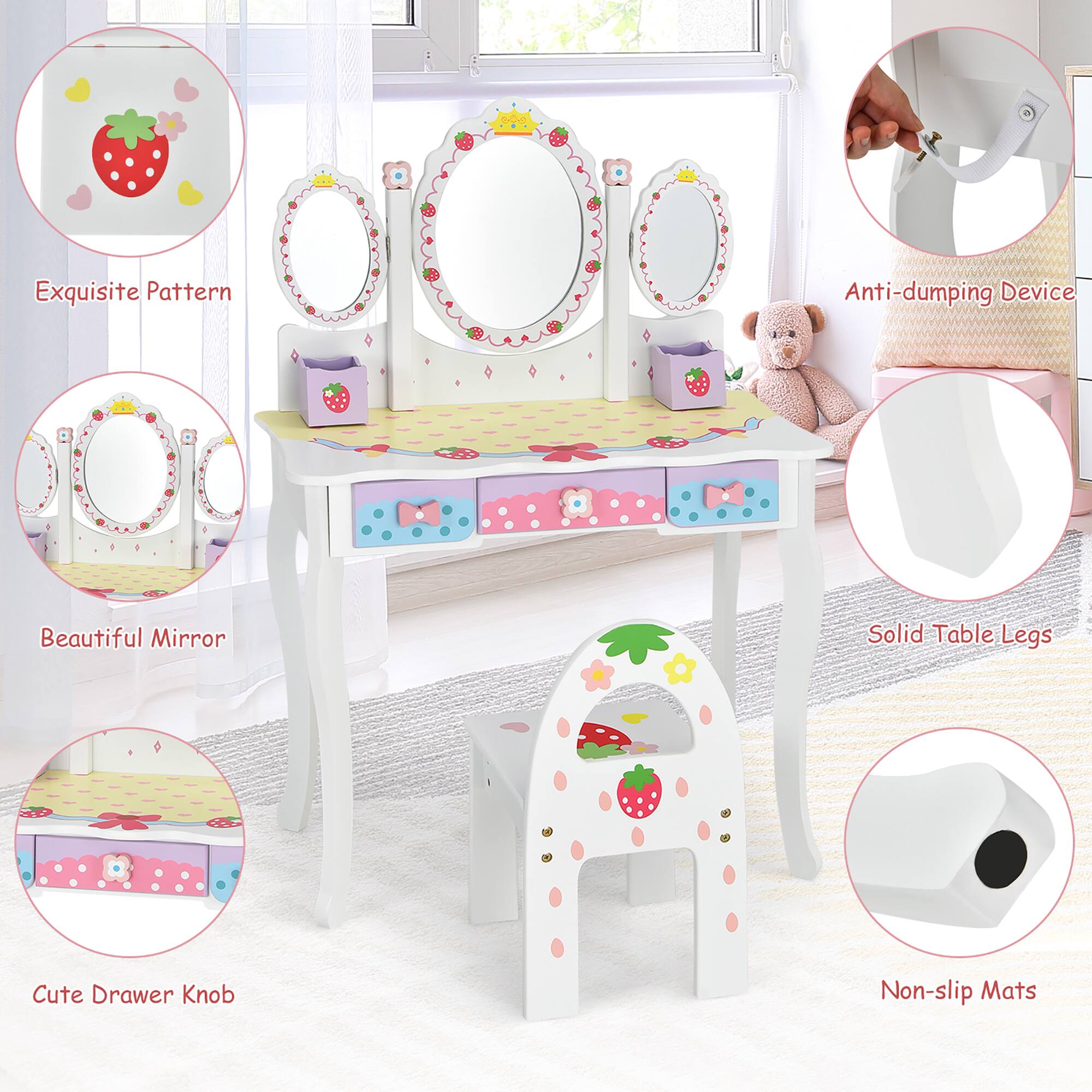 Exquisite Pattern, Anti-dumping Device, Beautiful Mirror, Solid Table Legs, Cute Drawer Knob, Non-slip Mats