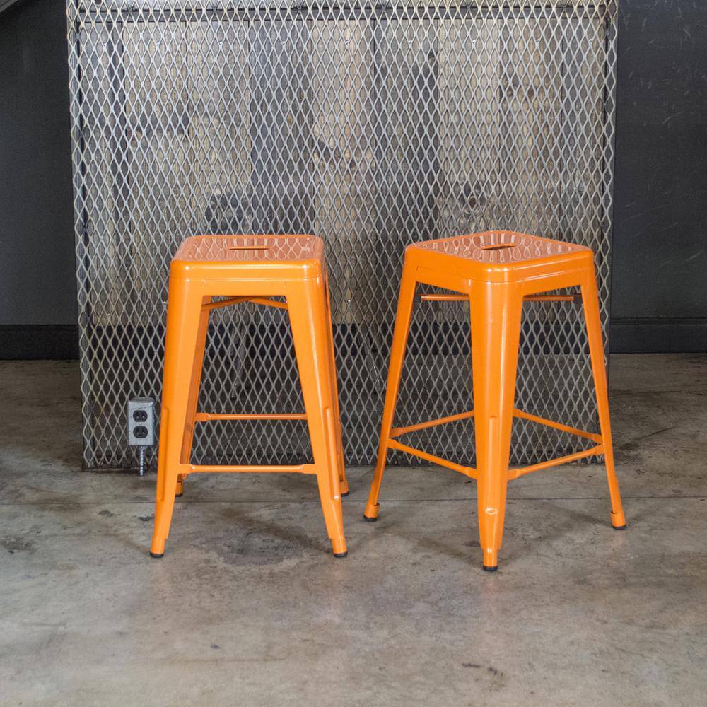 Back. AmeriHome - Loft 24 Inch Metal Bar Stool - 2 Piece - Orange.