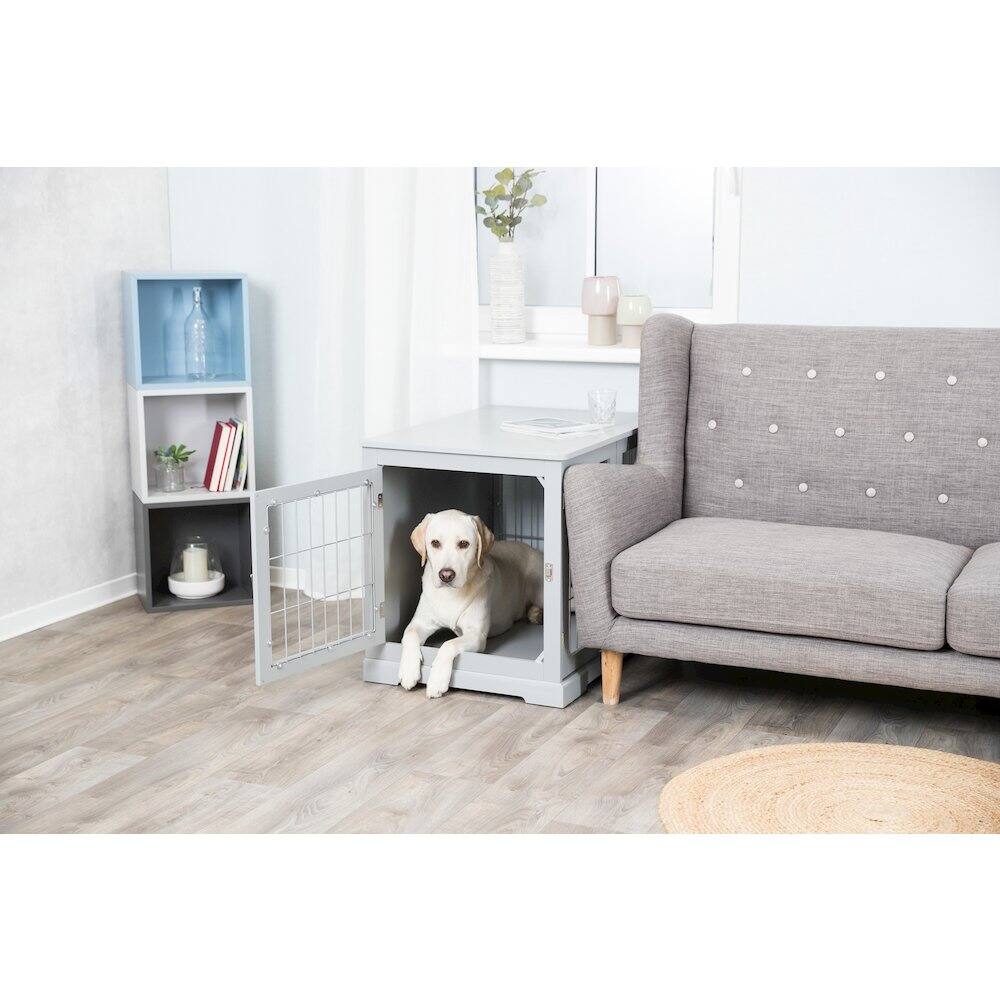 Left. TRIXIE - 32.7" Dog Crate, Wooden Indoor Kennel Furniture for Dogs Up to 50 lb - Gray.