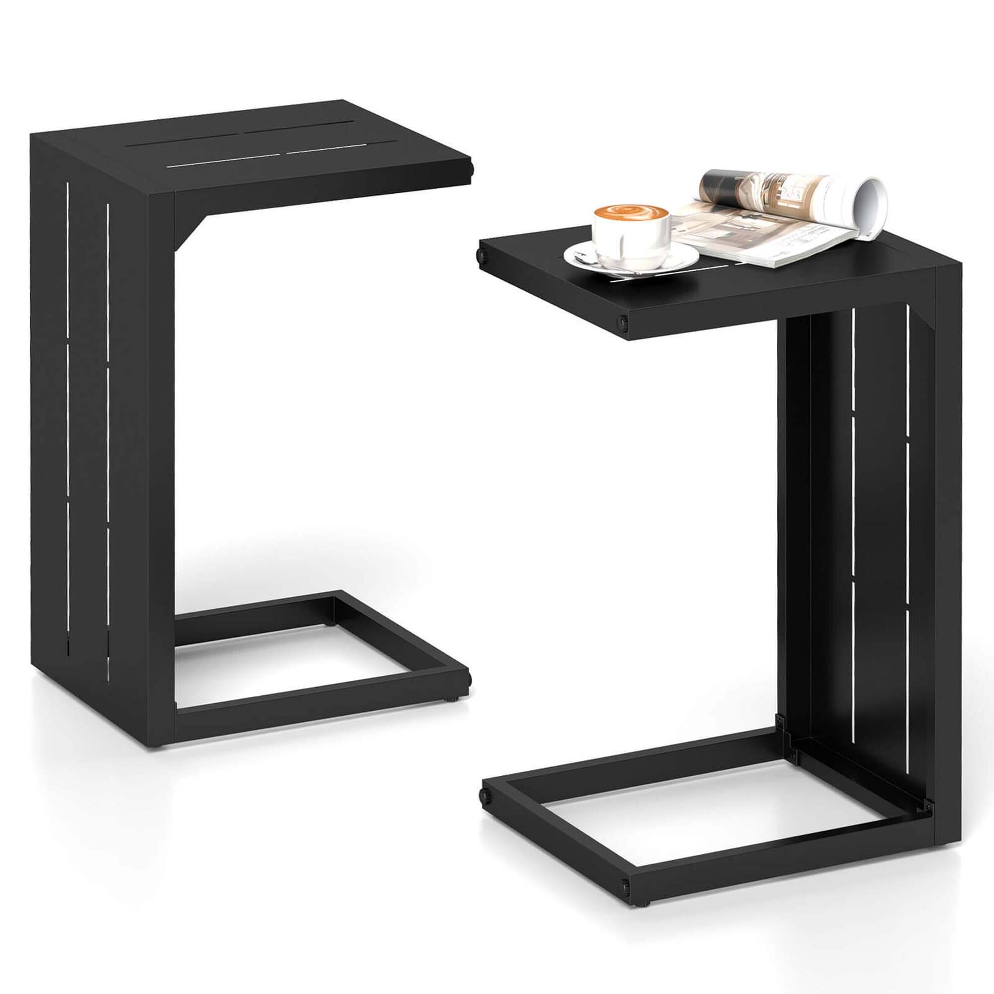 Costway - 2 PCS C-Shaped End Table with Adjustable Foot Pads 2-In-1 Sofa Side Table - Black