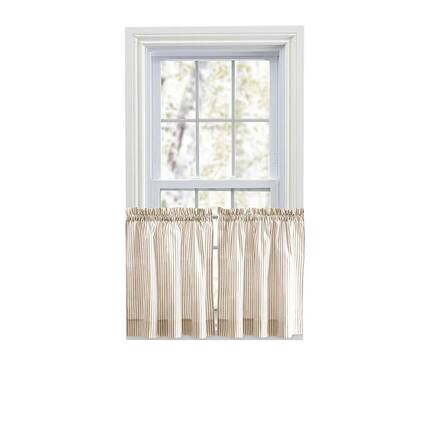 Front. Ellis Curtain - Ellis Curtain Plaza Classic Ticking Stripe Printed 1.5" Rod Pocket Tailored Tiers 56" x 24" Tan - Tan.