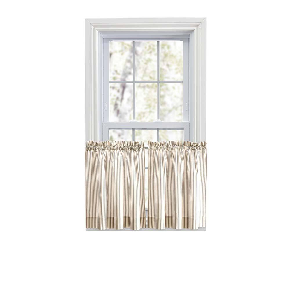 Front. Ellis Curtain - Ellis Curtain Plaza Classic Ticking Stripe Printed 1.5" Rod Pocket Tailored Tiers 56" x 24" Tan - Tan.