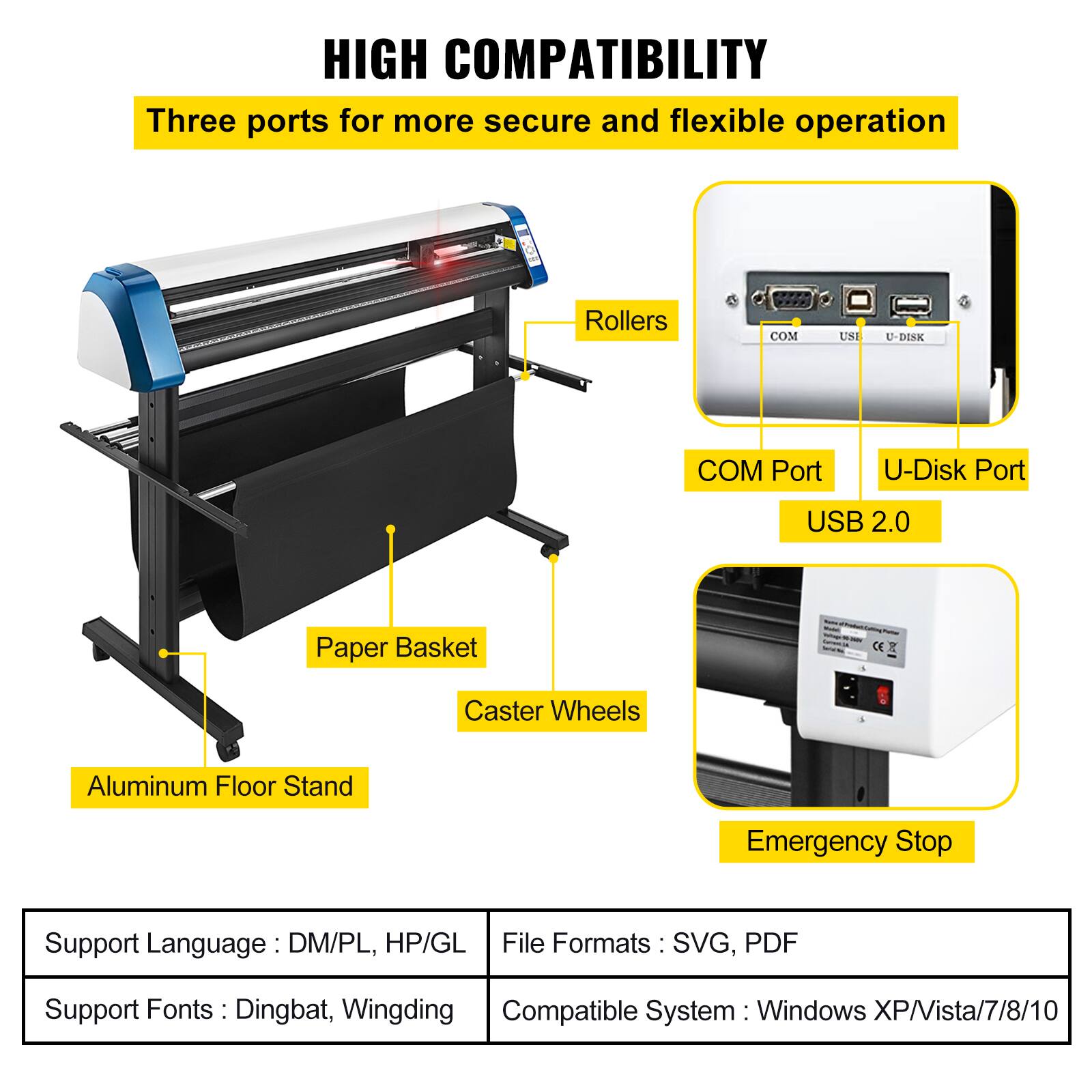 HIGH COMPATIBILITY  
Three ports for more secure and flexible operation  

- Rollers  
- COM Port  
- USB 2.0  
- U-Disk Port  
- Paper Basket  
- Caster Wheels  
- Aluminum Floor Stand  
- Emergency Stop  

Support Language: DM/PL, HP/GL  
Support Fonts: Dingbat, Wingding  
File Formats: SVG, PDF  
Compatible System: Windows XP/Vista/7/8/10